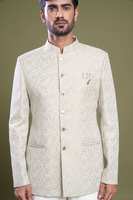 Arihant Rai Sinha Green Jacquard, Viscose, Satin Embroidery Abstract Jaal Bandhgala With Pant at Aza Fashions Arihant Rai Sinha_Green Jacquard, Viscose, Satin Embroidery Abstract Jaal Bandhgala With Pant_at_Aza_Fashions