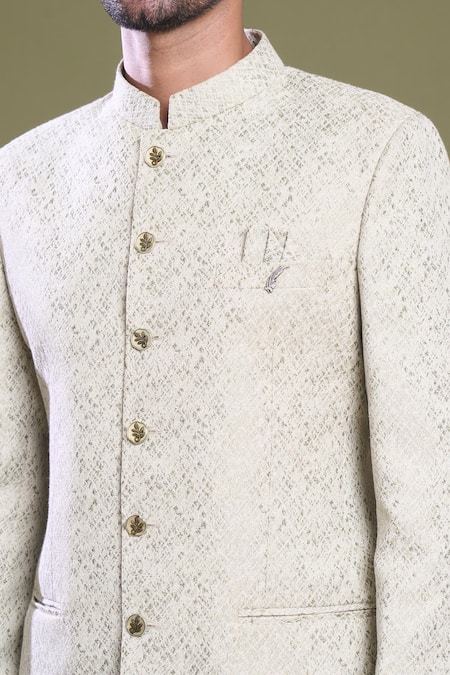 Buy Arihant Rai Sinha Green Jacquard, Viscose, Satin Embroidery Abstract Jaal Bandhgala With Pant Buy_Arihant Rai Sinha_Green Jacquard, Viscose, Satin Embroidery Abstract Jaal Bandhgala With Pant