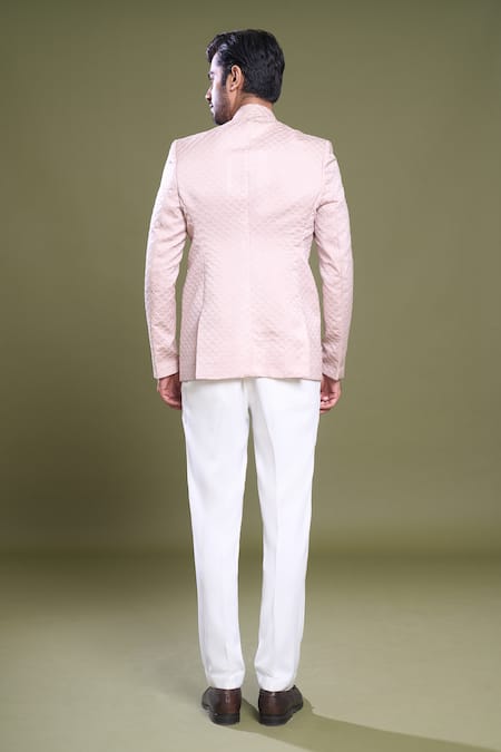 Shop Arihant Rai Sinha Pink Satin Embroidery Scallop Bandhgala With Pant at Aza Fashions Shop_Arihant Rai Sinha_Pink Satin Embroidery Scallop Bandhgala With Pant_at_Aza_Fashions