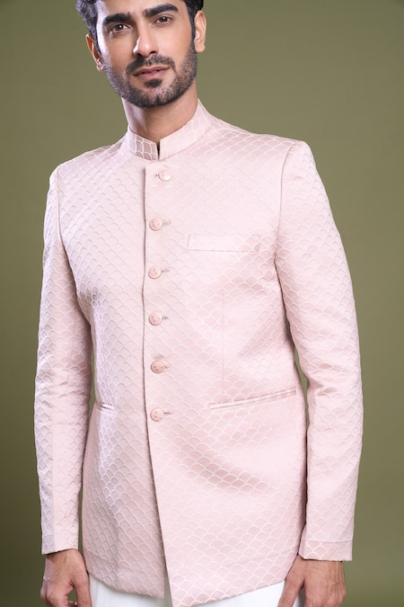 Shop Arihant Rai Sinha Pink Satin Embroidery Scallop Bandhgala With Pant Online at Aza Fashions Shop_Arihant Rai Sinha_Pink Satin Embroidery Scallop Bandhgala With Pant_Online_at_Aza_Fashions