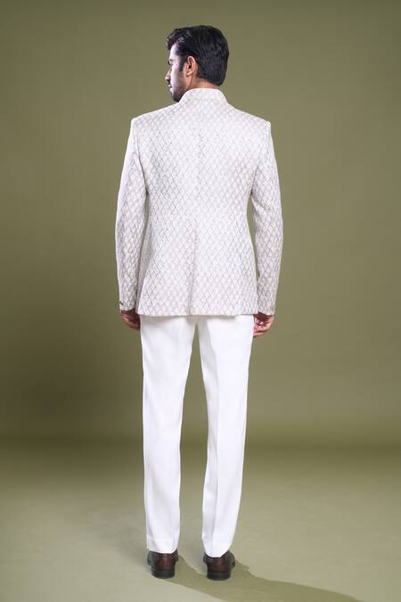 Shop Arihant Rai Sinha Grey Jacquard, Viscose Brooches Diamond Jaal Embroidered Bandhgala With Pant at Aza Fashions Shop_Arihant Rai Sinha_Grey Jacquard, Viscose Brooches Diamond Jaal Embroidered Bandhgala With Pant_at_Aza_Fashions