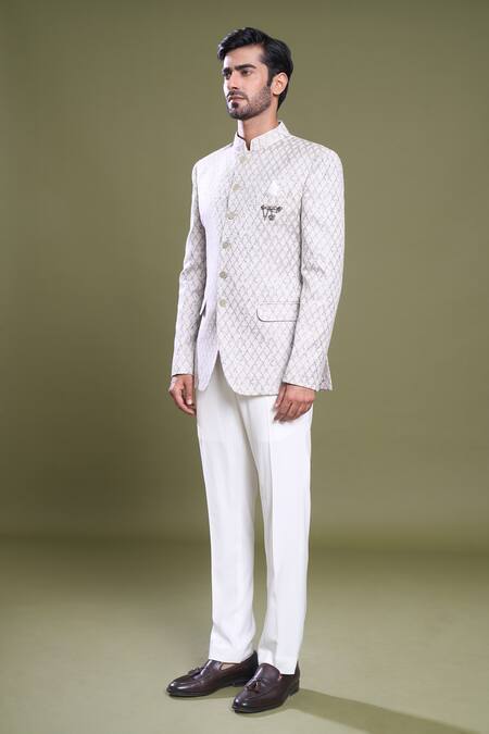 Arihant Rai Sinha Grey Jacquard, Viscose Brooches Diamond Jaal Embroidered Bandhgala With Pant Online at Aza Fashions Arihant Rai Sinha_Grey Jacquard, Viscose Brooches Diamond Jaal Embroidered Bandhgala With Pant_Online_at_Aza_Fashions