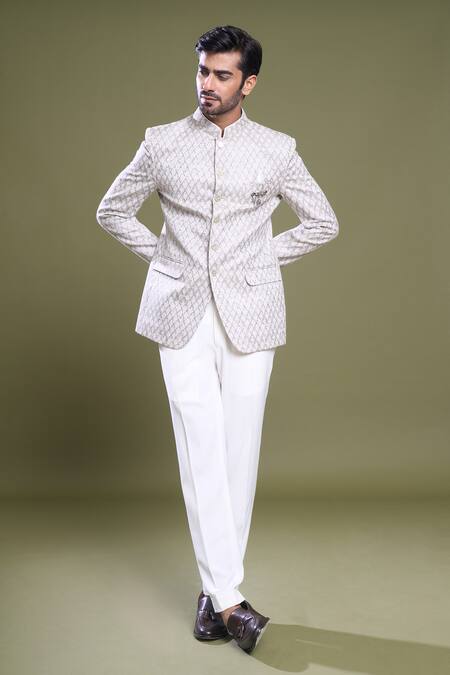 Buy Arihant Rai Sinha Grey Jacquard, Viscose Brooches Diamond Jaal Embroidered Bandhgala With Pant Online at Aza Fashions Buy_Arihant Rai Sinha_Grey Jacquard, Viscose Brooches Diamond Jaal Embroidered Bandhgala With Pant_Online_at_Aza_Fashions