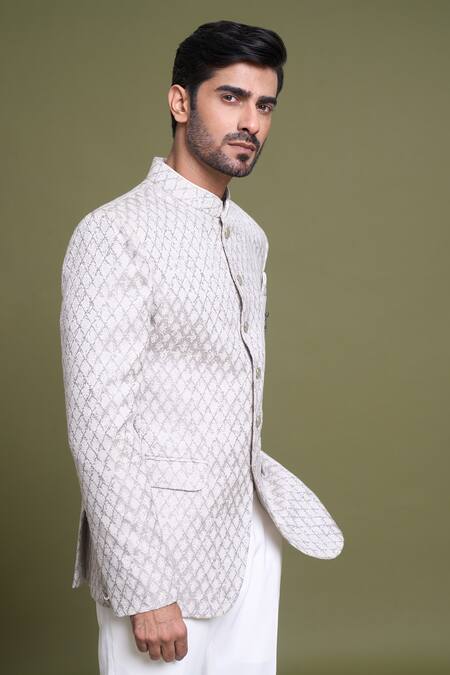 Shop Arihant Rai Sinha Grey Jacquard, Viscose Brooches Diamond Jaal Embroidered Bandhgala With Pant Online at Aza Fashions Shop_Arihant Rai Sinha_Grey Jacquard, Viscose Brooches Diamond Jaal Embroidered Bandhgala With Pant_Online_at_Aza_Fashions