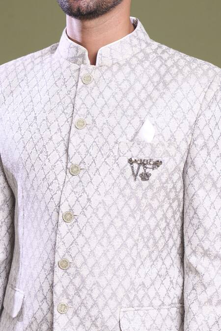 Arihant Rai Sinha Grey Jacquard, Viscose Brooches Diamond Jaal Embroidered Bandhgala With Pant at Aza Fashions Arihant Rai Sinha_Grey Jacquard, Viscose Brooches Diamond Jaal Embroidered Bandhgala With Pant_at_Aza_Fashions