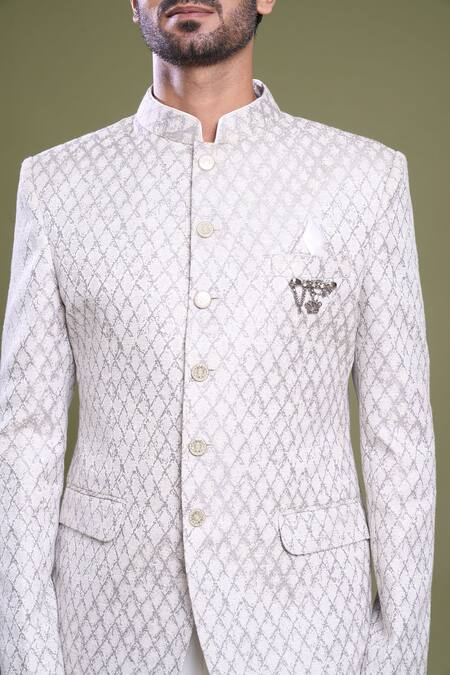 Buy Arihant Rai Sinha Grey Jacquard, Viscose Brooches Diamond Jaal Embroidered Bandhgala With Pant Buy_Arihant Rai Sinha_Grey Jacquard, Viscose Brooches Diamond Jaal Embroidered Bandhgala With Pant