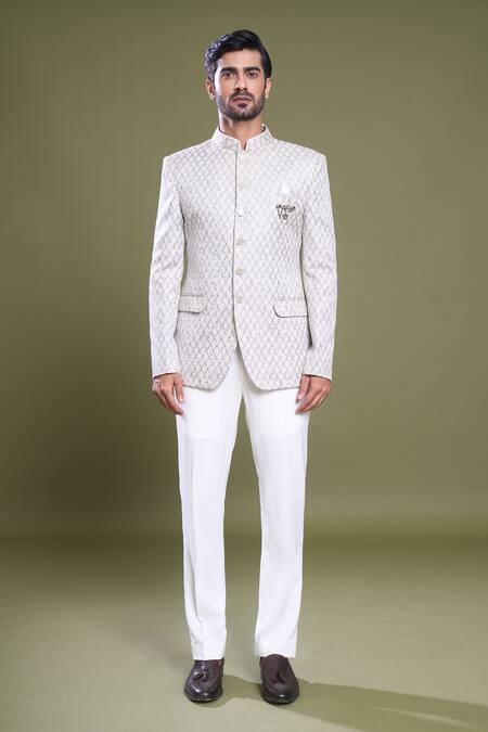 Shop Arihant Rai Sinha Grey Jacquard, Viscose Brooches Diamond Jaal Embroidered Bandhgala With Pant Shop_Arihant Rai Sinha_Grey Jacquard, Viscose Brooches Diamond Jaal Embroidered Bandhgala With Pant