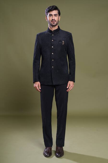 Arihant Rai Sinha_Black Suede, Viscose, Satin Scallop Bloom Embroidered Bandhgala With Pant_Online_at_Aza_Fashions