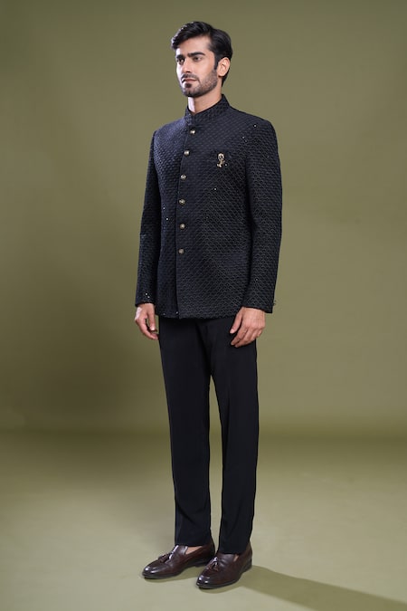 Buy_Arihant Rai Sinha_Black Suede, Viscose, Satin Scallop Bloom Embroidered Bandhgala With Pant_Online_at_Aza_Fashions