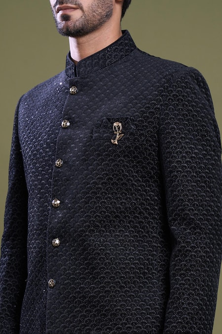 Shop_Arihant Rai Sinha_Black Suede, Viscose, Satin Scallop Bloom Embroidered Bandhgala With Pant_Online_at_Aza_Fashions