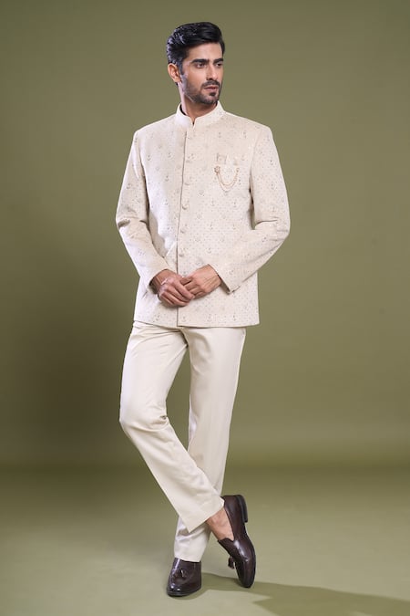 Aryavir Malhotra Cream Bandhgala Embroidered Suede Peony Jaal With Pant 