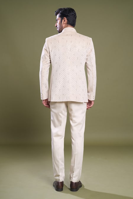 Shop Arihant Rai Sinha Cream Suede, Viscose, Satin Embroidery Peony Jaal Bandhgala With Pant at Aza Fashions Shop_Arihant Rai Sinha_Cream Suede, Viscose, Satin Embroidery Peony Jaal Bandhgala With Pant_at_Aza_Fashions