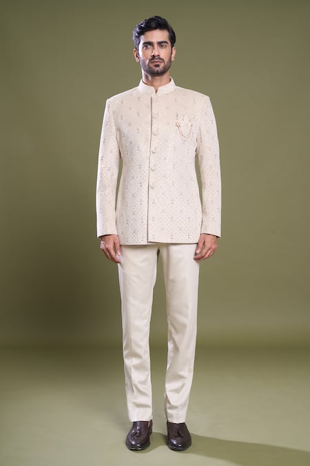 Arihant Rai Sinha Cream Suede, Viscose, Satin Embroidery Peony Jaal Bandhgala With Pant Online at Aza Fashions Arihant Rai Sinha_Cream Suede, Viscose, Satin Embroidery Peony Jaal Bandhgala With Pant_Online_at_Aza_Fashions