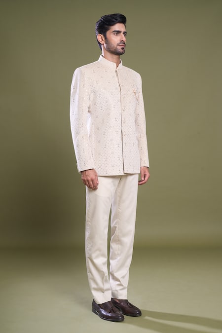 Buy Arihant Rai Sinha Cream Suede, Viscose, Satin Embroidery Peony Jaal Bandhgala With Pant Online at Aza Fashions Buy_Arihant Rai Sinha_Cream Suede, Viscose, Satin Embroidery Peony Jaal Bandhgala With Pant_Online_at_Aza_Fashions