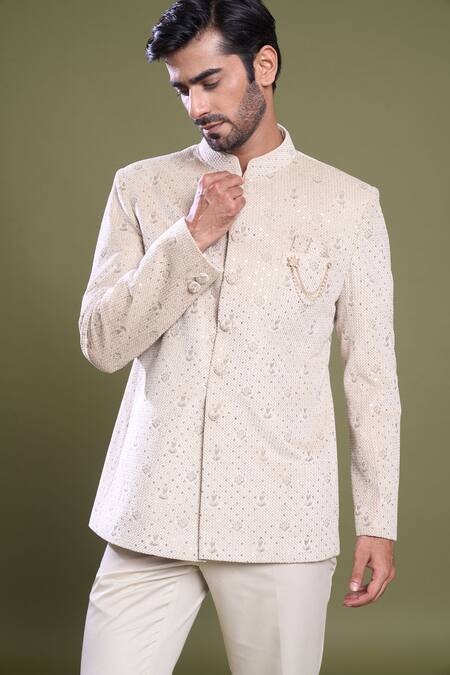 Shop Arihant Rai Sinha Cream Suede, Viscose, Satin Embroidery Peony Jaal Bandhgala With Pant Online at Aza Fashions Shop_Arihant Rai Sinha_Cream Suede, Viscose, Satin Embroidery Peony Jaal Bandhgala With Pant_Online_at_Aza_Fashions