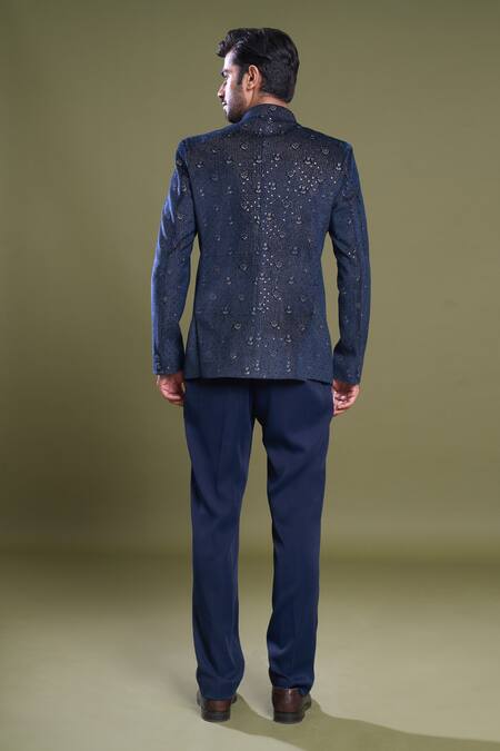 Shop Arihant Rai Sinha Blue Suede, Viscose Sequins Phool Jaal Embroidered Bandhgala With Pant at Aza Fashions Shop_Arihant Rai Sinha_Blue Suede, Viscose Sequins Phool Jaal Embroidered Bandhgala With Pant_at_Aza_Fashions