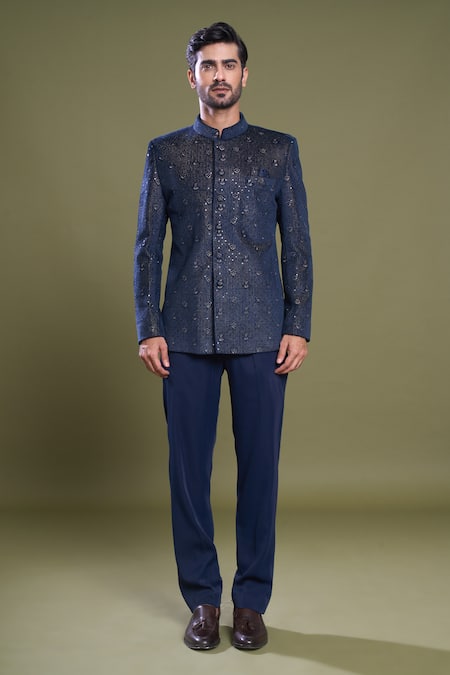 Arihant Rai Sinha Blue Suede, Viscose Sequins Phool Jaal Embroidered Bandhgala With Pant Online at Aza Fashions Arihant Rai Sinha_Blue Suede, Viscose Sequins Phool Jaal Embroidered Bandhgala With Pant_Online_at_Aza_Fashions
