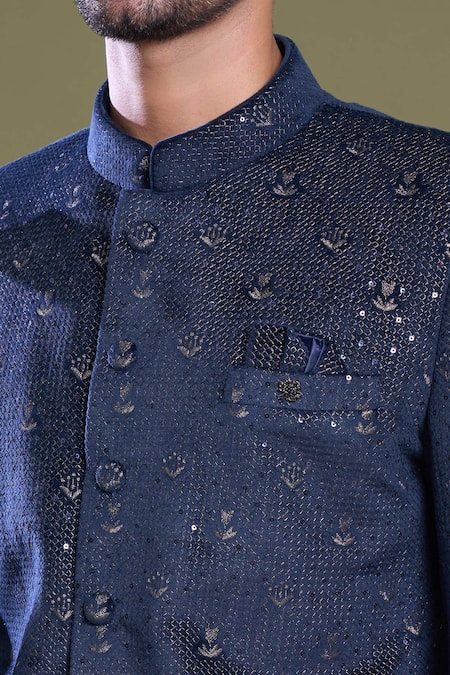 Buy Arihant Rai Sinha Blue Suede, Viscose Sequins Phool Jaal Embroidered Bandhgala With Pant Online at Aza Fashions Buy_Arihant Rai Sinha_Blue Suede, Viscose Sequins Phool Jaal Embroidered Bandhgala With Pant_Online_at_Aza_Fashions