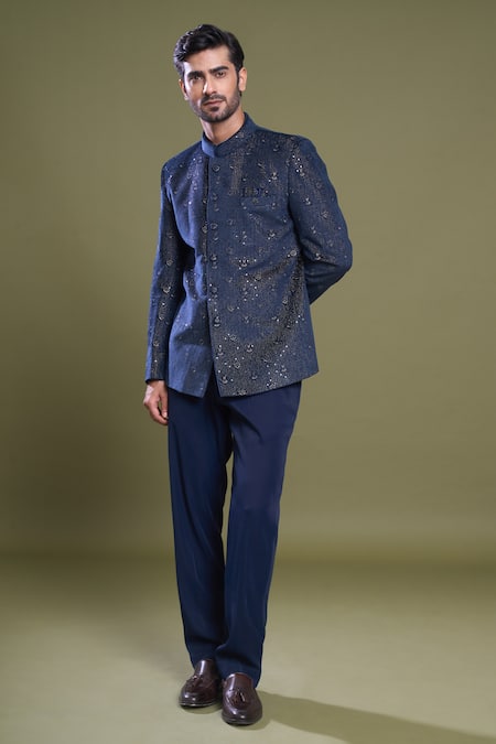 Shop Arihant Rai Sinha Blue Suede, Viscose Sequins Phool Jaal Embroidered Bandhgala With Pant Online at Aza Fashions Shop_Arihant Rai Sinha_Blue Suede, Viscose Sequins Phool Jaal Embroidered Bandhgala With Pant_Online_at_Aza_Fashions