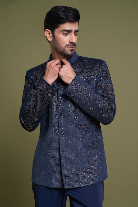 Buy Arihant Rai Sinha Blue Suede, Viscose Sequins Phool Jaal Embroidered Bandhgala With Pant Buy_Arihant Rai Sinha_Blue Suede, Viscose Sequins Phool Jaal Embroidered Bandhgala With Pant