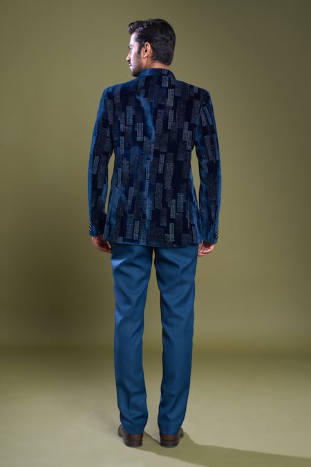 Shop Arihant Rai Sinha Blue Velvet, Satin, Viscose Embossed Galaxy Block Bandhgala With Pant at Aza Fashions Shop_Arihant Rai Sinha_Blue Velvet, Satin, Viscose Embossed Galaxy Block Bandhgala With Pant_at_Aza_Fashions