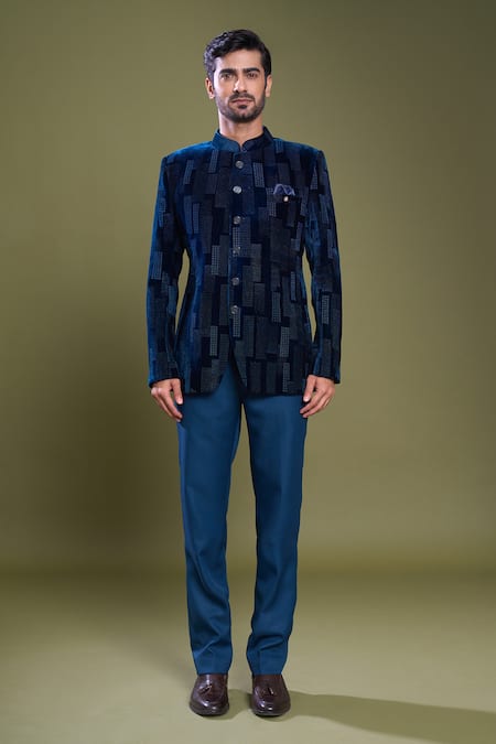 Arihant Rai Sinha Blue Velvet, Satin, Viscose Embossed Galaxy Block Bandhgala With Pant Online at Aza Fashions Arihant Rai Sinha_Blue Velvet, Satin, Viscose Embossed Galaxy Block Bandhgala With Pant_Online_at_Aza_Fashions