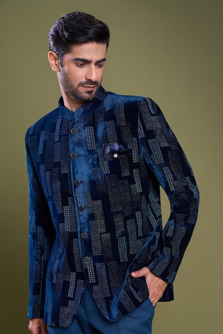 Shop Arihant Rai Sinha Blue Velvet, Satin, Viscose Embossed Galaxy Block Bandhgala With Pant Online at Aza Fashions Shop_Arihant Rai Sinha_Blue Velvet, Satin, Viscose Embossed Galaxy Block Bandhgala With Pant_Online_at_Aza_Fashions