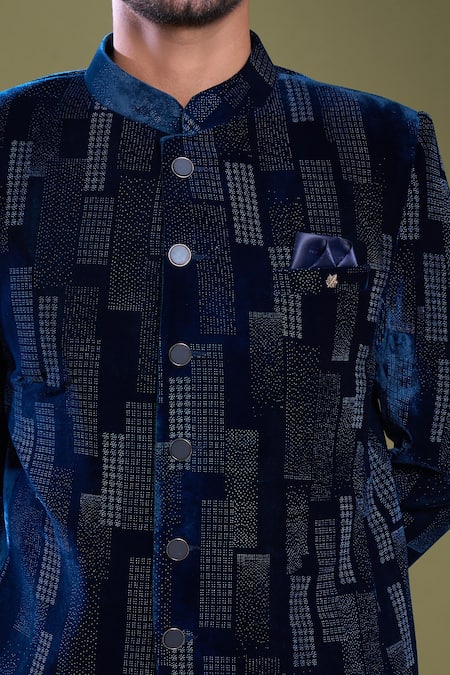 Arihant Rai Sinha Blue Velvet, Satin, Viscose Embossed Galaxy Block Bandhgala With Pant at Aza Fashions Arihant Rai Sinha_Blue Velvet, Satin, Viscose Embossed Galaxy Block Bandhgala With Pant_at_Aza_Fashions