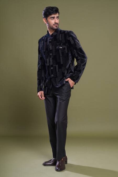 Buy_Arihant Rai Sinha_Black Velvet, Viscose, Satin Embroidery Embossed Galaxy Bandhgala With Pant_Online_at_Aza_Fashions