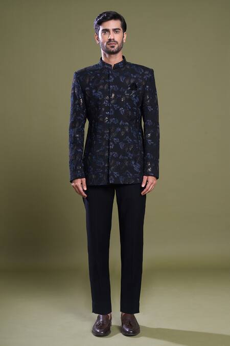 Arihant Rai Sinha_Black Viscose Embroidery Bloom Garden Bandhgala With Pant_Online_at_Aza_Fashions