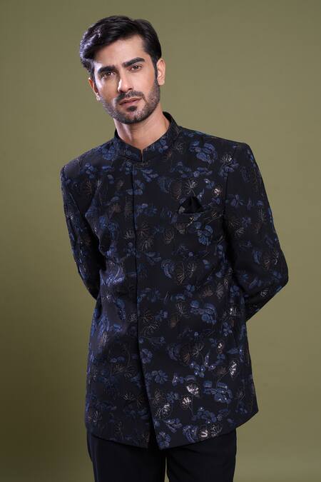 Buy_Arihant Rai Sinha_Black Viscose Embroidery Bloom Garden Bandhgala With Pant_Online_at_Aza_Fashions