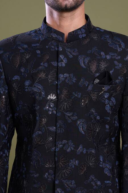 Shop_Arihant Rai Sinha_Black Viscose Embroidery Bloom Garden Bandhgala With Pant_Online_at_Aza_Fashions