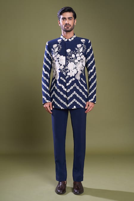 Arihant Rai Sinha_Blue Viscose, Satin Embroidery Daisy Garden Bandhgala With Pant_Online_at_Aza_Fashions