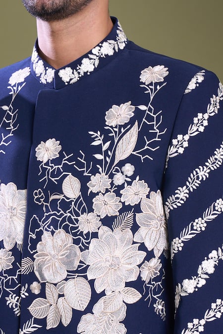 Buy_Arihant Rai Sinha_Blue Viscose, Satin Embroidery Daisy Garden Bandhgala With Pant_Online_at_Aza_Fashions