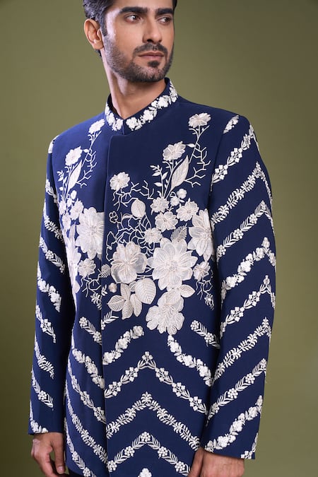 Shop_Arihant Rai Sinha_Blue Viscose, Satin Embroidery Daisy Garden Bandhgala With Pant_Online_at_Aza_Fashions