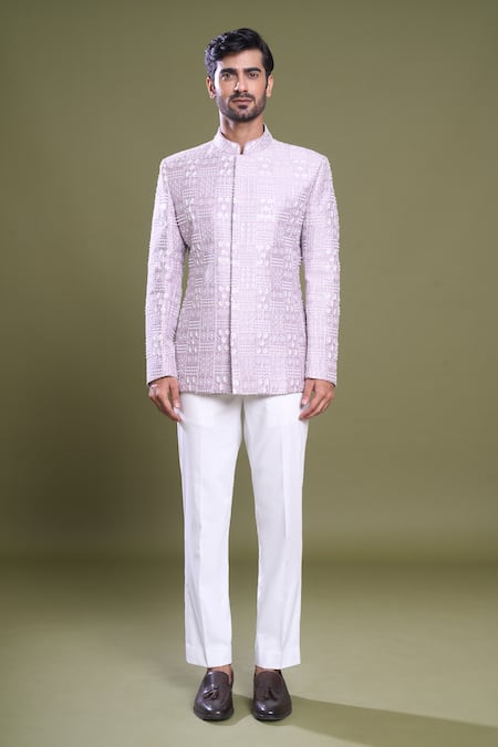 Arihant Rai Sinha_Purple Silk, Satin Embroidery Flora Art Bandhgala With Pant_Online_at_Aza_Fashions