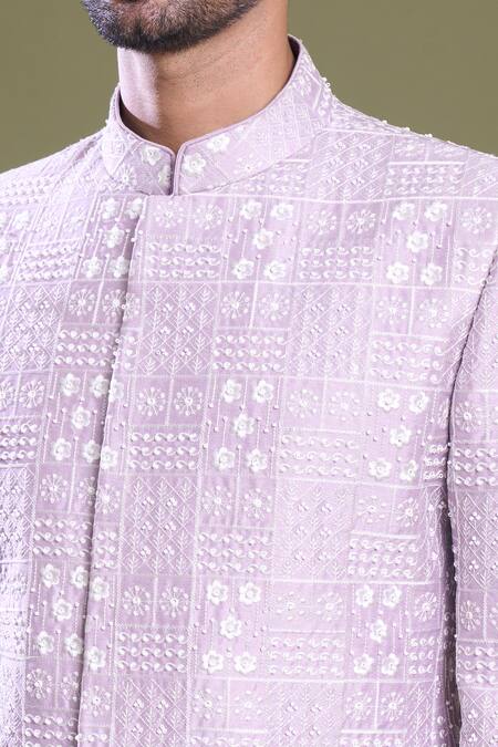 Buy_Arihant Rai Sinha_Purple Silk, Satin Embroidery Flora Art Bandhgala With Pant_Online_at_Aza_Fashions