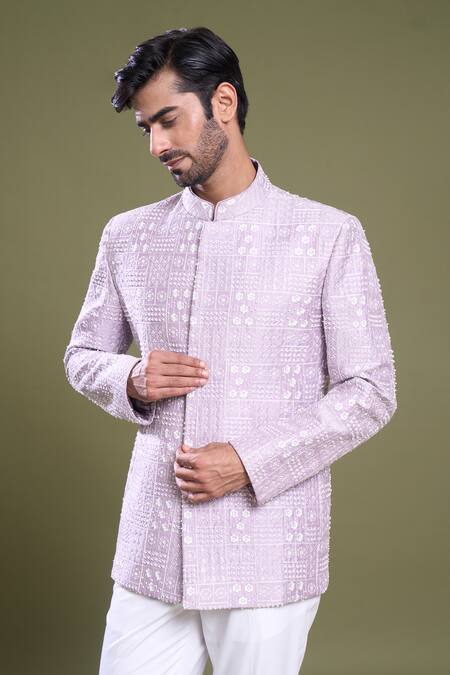 Shop_Arihant Rai Sinha_Purple Silk, Satin Embroidery Flora Art Bandhgala With Pant_Online_at_Aza_Fashions