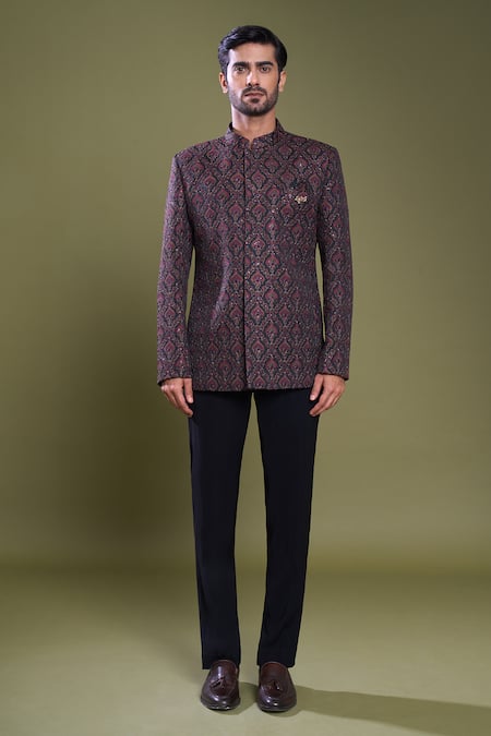 Buy_Arihant Rai Sinha_Black , , Embroidery Damask Art Bandhgala With Pant_Online_at_Aza_Fashions
