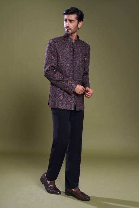 Shop_Arihant Rai Sinha_Black , , Embroidery Damask Art Bandhgala With Pant_Online_at_Aza_Fashions