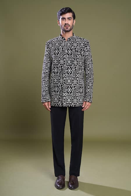 Buy Arihant Rai Sinha Black Velvet, Viscose, Satin Embroidery Mosaic Flora Bandhgala With Pant Online at Aza Fashions Buy_Arihant Rai Sinha_Black Velvet, Viscose, Satin Embroidery Mosaic Flora Bandhgala With Pant_Online_at_Aza_Fashions