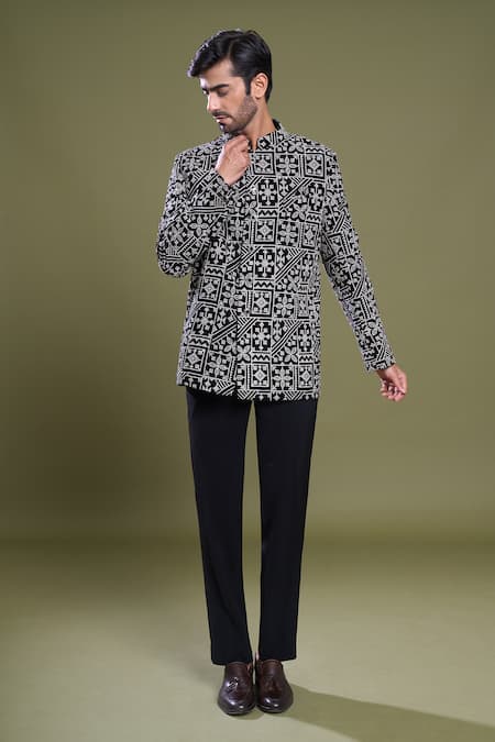 Shop Arihant Rai Sinha Black Velvet, Viscose, Satin Embroidery Mosaic Flora Bandhgala With Pant Online at Aza Fashions Shop_Arihant Rai Sinha_Black Velvet, Viscose, Satin Embroidery Mosaic Flora Bandhgala With Pant_Online_at_Aza_Fashions