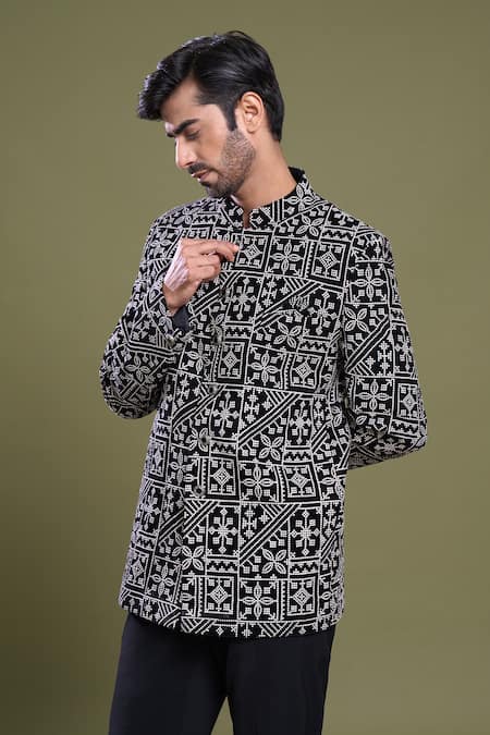 Arihant Rai Sinha Black Velvet, Viscose, Satin Embroidery Mosaic Flora Bandhgala With Pant at Aza Fashions Arihant Rai Sinha_Black Velvet, Viscose, Satin Embroidery Mosaic Flora Bandhgala With Pant_at_Aza_Fashions