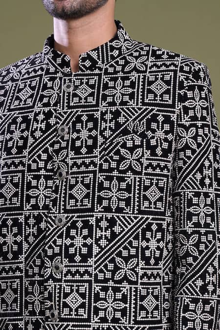 Buy Arihant Rai Sinha Black Velvet, Viscose, Satin Embroidery Mosaic Flora Bandhgala With Pant Buy_Arihant Rai Sinha_Black Velvet, Viscose, Satin Embroidery Mosaic Flora Bandhgala With Pant