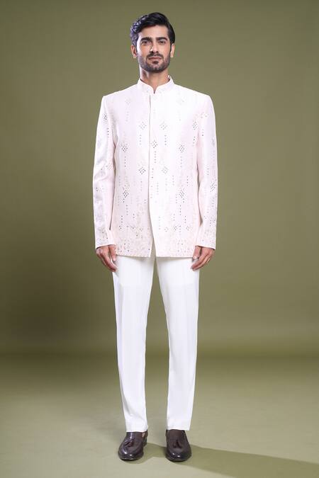 Arihant Rai Sinha_Pink Silk, Satin Mirrors Vine Embroidered Bandhgala With Pant_Online_at_Aza_Fashions