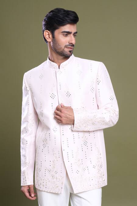 Shop_Arihant Rai Sinha_Pink Silk, Satin Mirrors Vine Embroidered Bandhgala With Pant_Online_at_Aza_Fashions