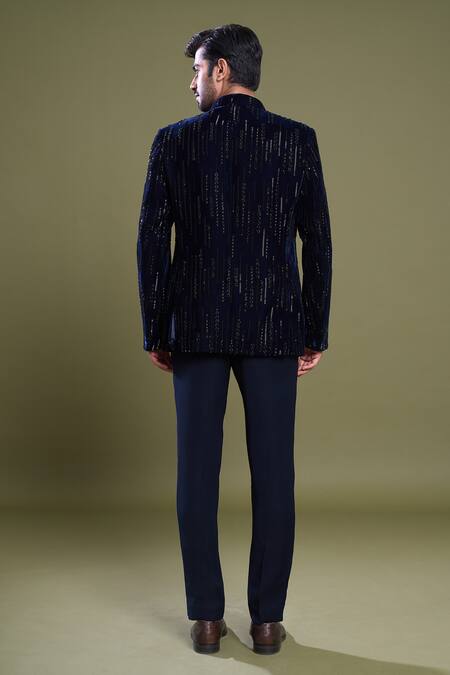 Shop Arihant Rai Sinha Blue Viscose, Velvet, Satin Embroidery Brazen Ray Jacket And Bandhgala Set at Aza Fashions Shop_Arihant Rai Sinha_Blue Viscose, Velvet, Satin Embroidery Brazen Ray Jacket And Bandhgala Set_at_Aza_Fashions