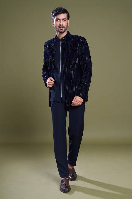 Buy Arihant Rai Sinha Blue Viscose, Velvet, Satin Embroidery Brazen Ray Jacket And Bandhgala Set Online at Aza Fashions Buy_Arihant Rai Sinha_Blue Viscose, Velvet, Satin Embroidery Brazen Ray Jacket And Bandhgala Set_Online_at_Aza_Fashions