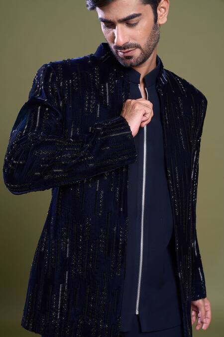 Shop Arihant Rai Sinha Blue Viscose, Velvet, Satin Embroidery Brazen Ray Jacket And Bandhgala Set Online at Aza Fashions Shop_Arihant Rai Sinha_Blue Viscose, Velvet, Satin Embroidery Brazen Ray Jacket And Bandhgala Set_Online_at_Aza_Fashions
