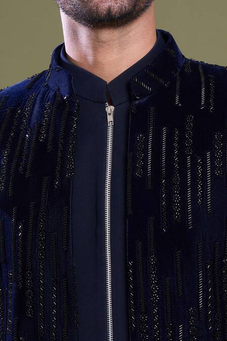 Arihant Rai Sinha Blue Viscose, Velvet, Satin Embroidery Brazen Ray Jacket And Bandhgala Set at Aza Fashions Arihant Rai Sinha_Blue Viscose, Velvet, Satin Embroidery Brazen Ray Jacket And Bandhgala Set_at_Aza_Fashions